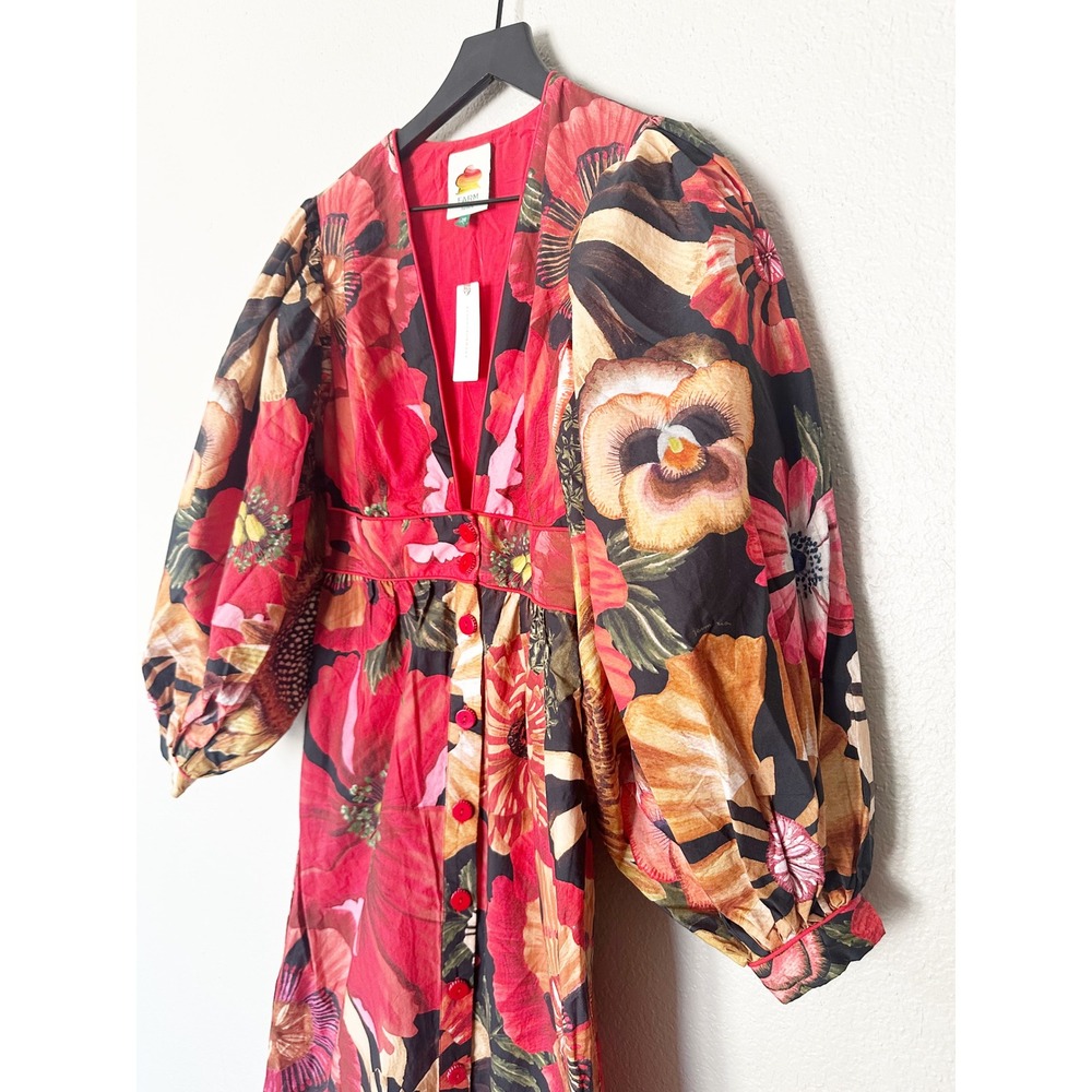 Farm Rio Flowershop Puff-Sleeve Maxi Dress V-Neck Button Front Red Size XS NEW - Picture 5 of 9
